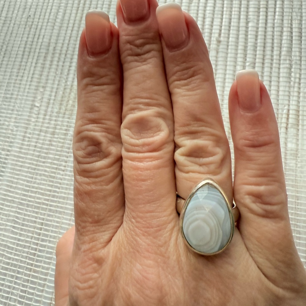 Signed Sj Sajen Teardrop Blue Lace Agate Ring in Sterling Silver